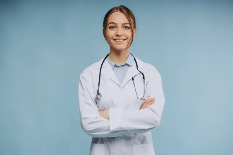 Uśmiechnięta lekarka w białym kitlu ze stetoskopem, zastanawia się, ile zarabia psychiatra.