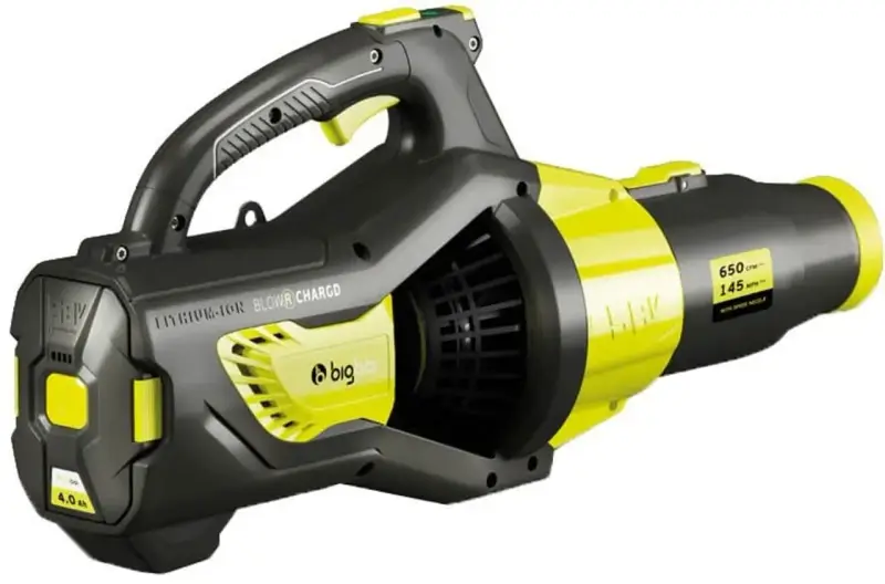 En kraftfull, batteridriven lövblås i svart och limegrönt. Denna bigboi är redo att ta itu med höstlöven.