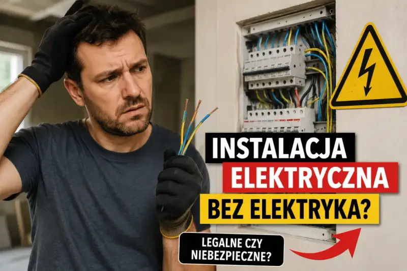 Zastanawiasz się nad instalacją elektryczną i ceną robocizny? Mężczyzna z przewodami w ręku i rozdzielnicą elektryczną w tle.