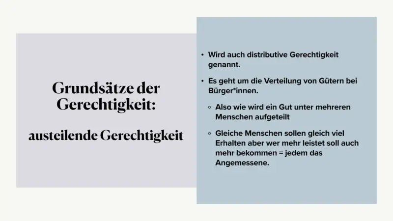 Aristoteles' Gerechtigkeit: austeilende Gerechtigkeit erklärt die Verteilung von Gütern, wo jeder das Angemessene erhält.