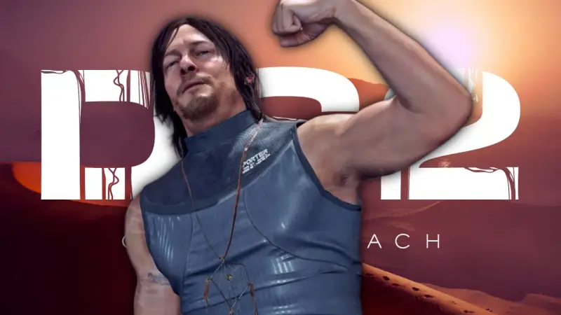 Norman Reedus, con su brazo flexionado, anuncia Death Stranding 2. El paisaje desértico y el logo del juego completan la imagen.