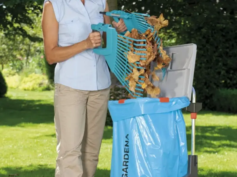 Kobieta zbiera liście do worka, realizując jesienny **pielęgnacja trawnika kalendarz**.