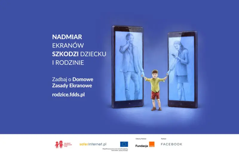 Nadmiar ekranów szkodzi dziecku i rodzinie. Chłopiec trzyma za ręce rodziców uwięzionych w smartfonach.