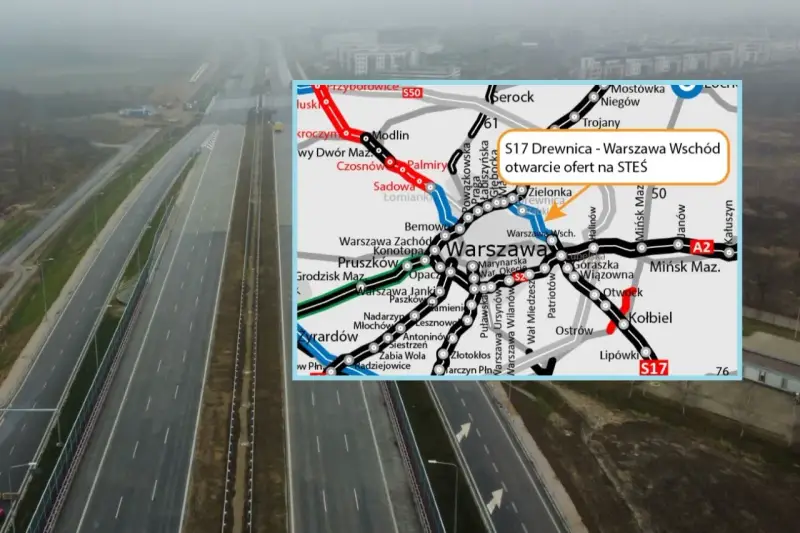 Droga S17, wschodnia obwodnica Warszawy, w budowie. Mapa pokazuje trasę S17 Drewnica - Warszawa Wschód.