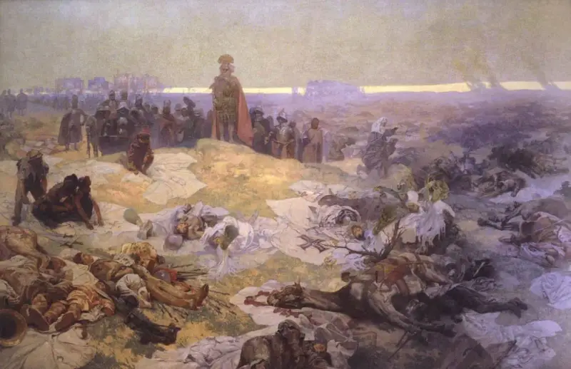 Pole bitwy po klęsce, gdzie leżą martwi rycerze. W oddali widać postać wodza, a nad polem unosi się dym. To obraz upadku zakonu kawalerów mieczowych.