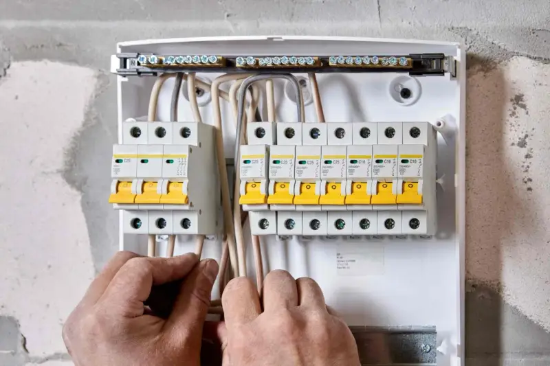 Ręce elektryka podłączają przewody do skrzynki z bezpiecznikami. Widać wlz, czyli rozdzielnicę z wyłącznikami nadprądowymi.