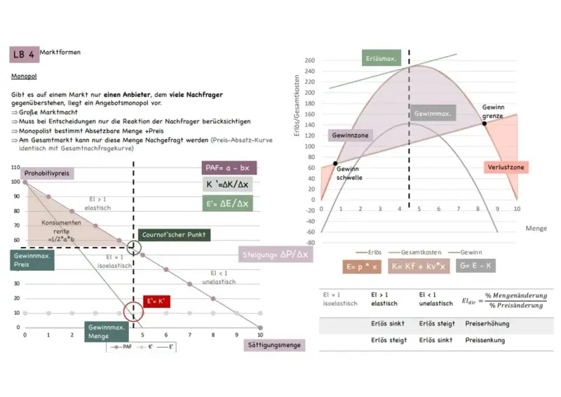 Monopol: Ein Anbieter trifft auf viele Nachfrager. Die Grafik zeigt Gewinnmaximierung und die Preis-Absatz-Kurve.