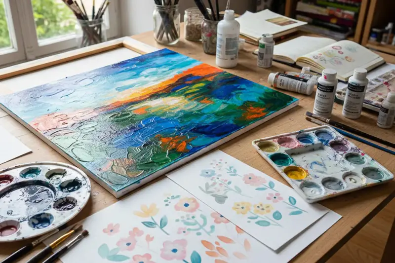 Un tableau de type peinture, aux couleurs vives et texturées, est posé sur un bureau d'artiste, entouré de palettes, de pinceaux et de carnets.