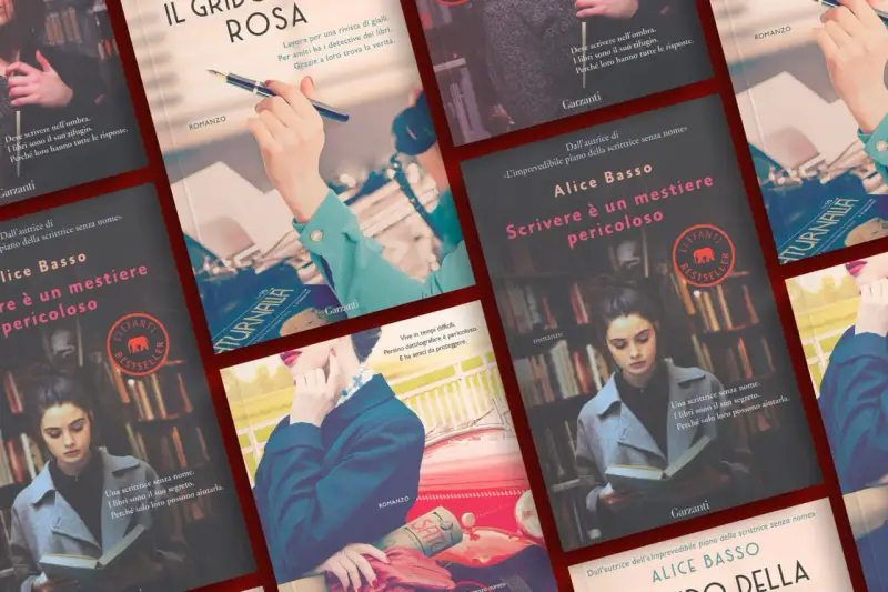 Copertine di libri di Alice Basso, tra cui "Il grido della rosa" e "Scrivere è un mestiere pericoloso".