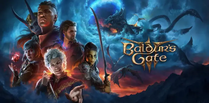 Personajes de Baldur's Gate III, con dragones y un cielo tormentoso.