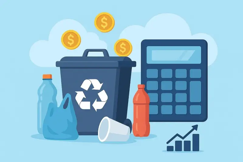 Kosz na śmieci z symbolem recyklingu, butelki, kubek, kalkulator i monety. Utylizacja co to? To sposób na oszczędzanie i zarabianie.