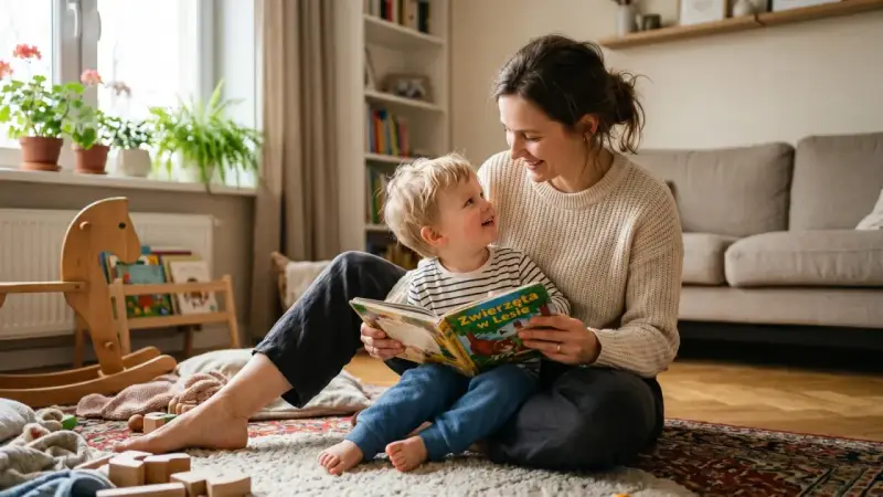 Uśmiechnięta mama czyta książkę swojemu 3-letniemu dziecku. Siedzą na dywanie wśród zabawek.