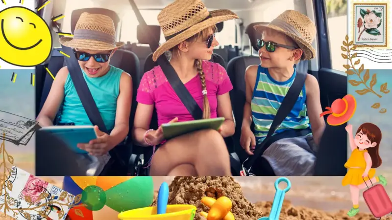 Dzieci w samochodzie, jedno z nich to iPad kid, podróżują na wakacje. Słońce, plaża i zabawki zapowiadają świetny czas.