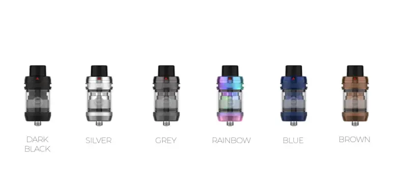Vaporesso tank en varios colores: negro, plateado, gris, arcoíris, azul y marrón.