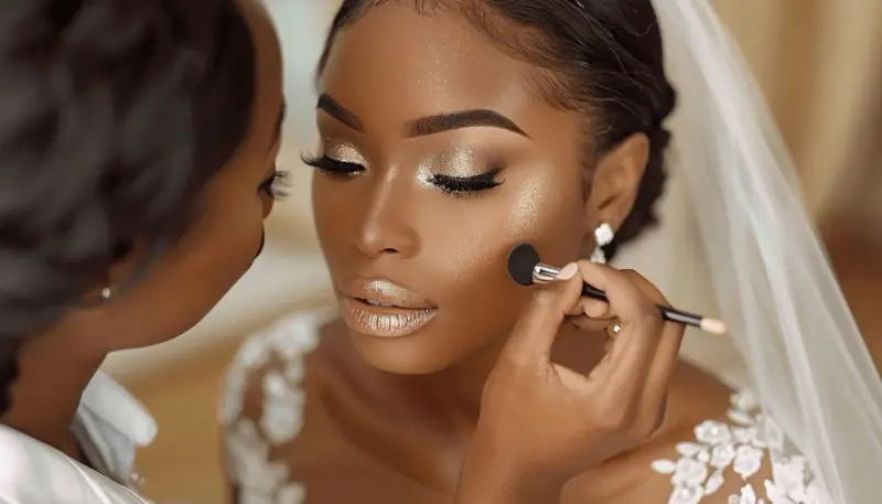Maquillage peau noire mariage : une mariée resplendissante, le teint sublimé par des touches dorées et scintillantes. Ses yeux et ses lèvres brillent de mille feux.