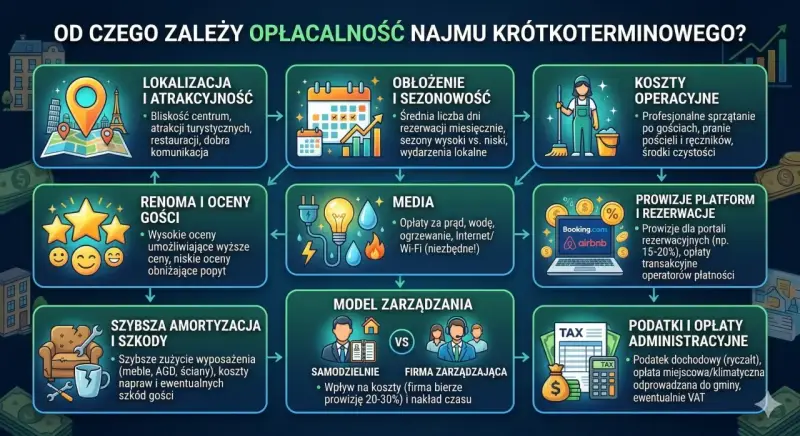 Kluczowe czynniki opłacalności inwestowania w nieruchomości: lokalizacja, obłożenie, koszty, renoma, media, prowizje, amortyzacja, model zarządzania i podatki.