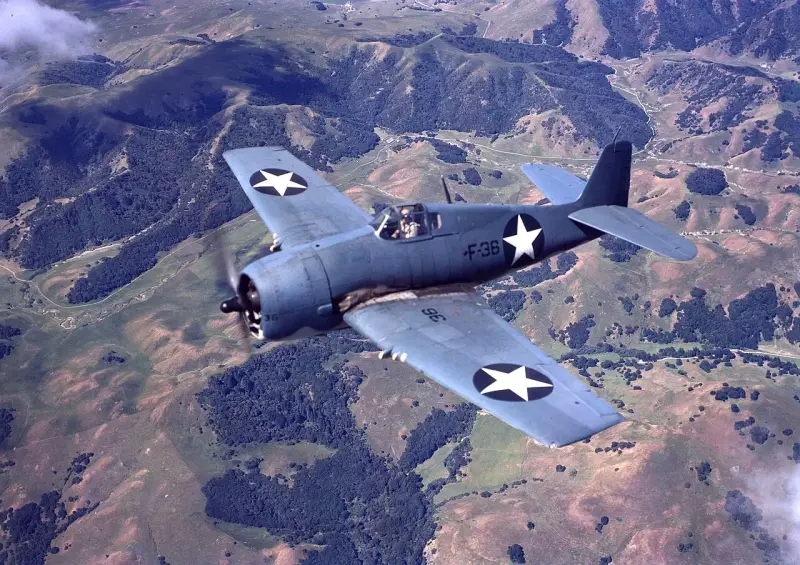 Ein F6F Hellcat-Jäger fliegt über hügeliges, bewaldetes Gelände.