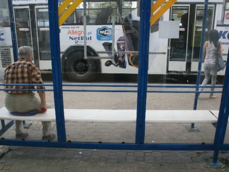Mężczyzna czeka na przystanku na autobus 102. Rozkład jazdy jest niewidoczny, ale widać autobus z reklamą Allegro.