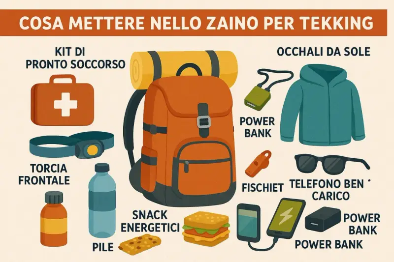 Zaino da trekking con kit pronto soccorso, torcia, snack, power bank, fischietto, occhiali da sole e giacca. Guida su cosa mettere nello zaino per 3 giorni.