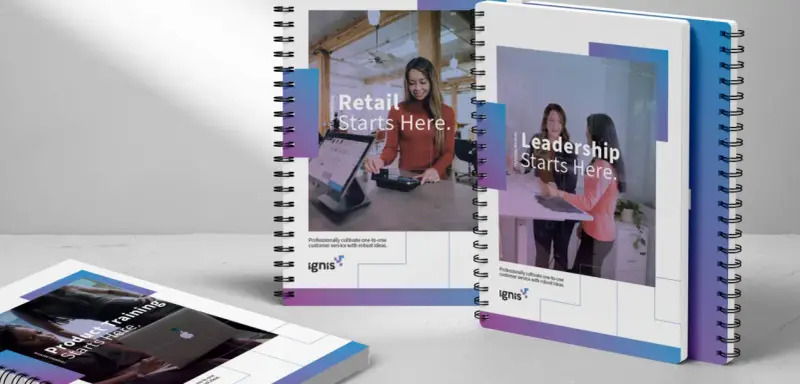 Notebooks with "Retail Starts Here," "Leadership Starts Here," and "Product Training Starts Here" for board meeting materials.