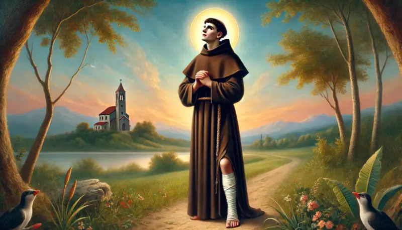 Młody mężczyzna w habicie, z raną na nodze, wznosi oczy ku niebu. W tle kościół i krajobraz. To jego modlitwa o cud.