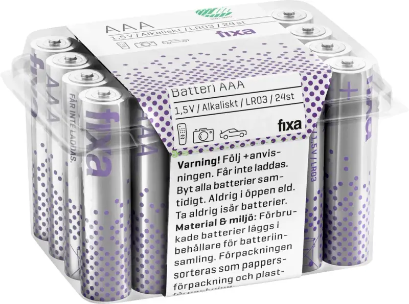 Förpackning med 24 st AAA-batterier, 1,5V alkaliska, märkta "fixa". Dessa r03 batteri är inte uppladdningsbara.