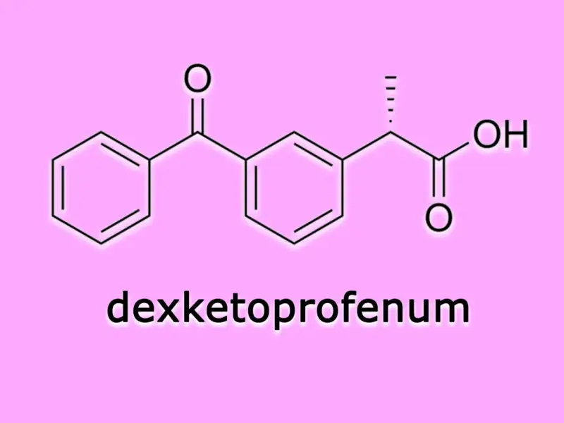 Struktura chemiczna deksketoprofenu, leku przeciwbólowego i przeciwzapalnego.