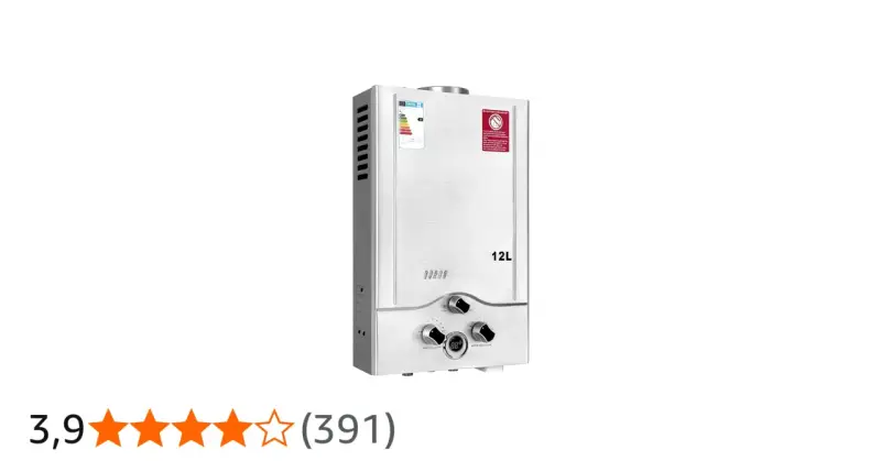 Scaldabagno a gas da 12L, ideale per aumentare pressione acqua. Regolatori gas e acqua visibili.