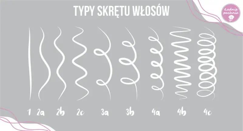 Ilustracja pokazuje typy skrętu włosów od prostych do mocno kręconych. Od typu 1 (proste) do 4c (bardzo mocno skręcone).