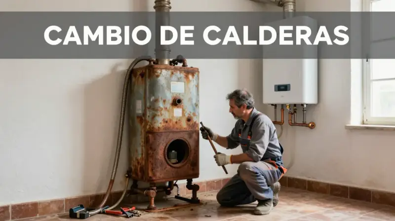 Un técnico evalúa una caldera vieja y oxidada junto a una nueva. Averigua cuanto cuesta cambiar una caldera de gas.