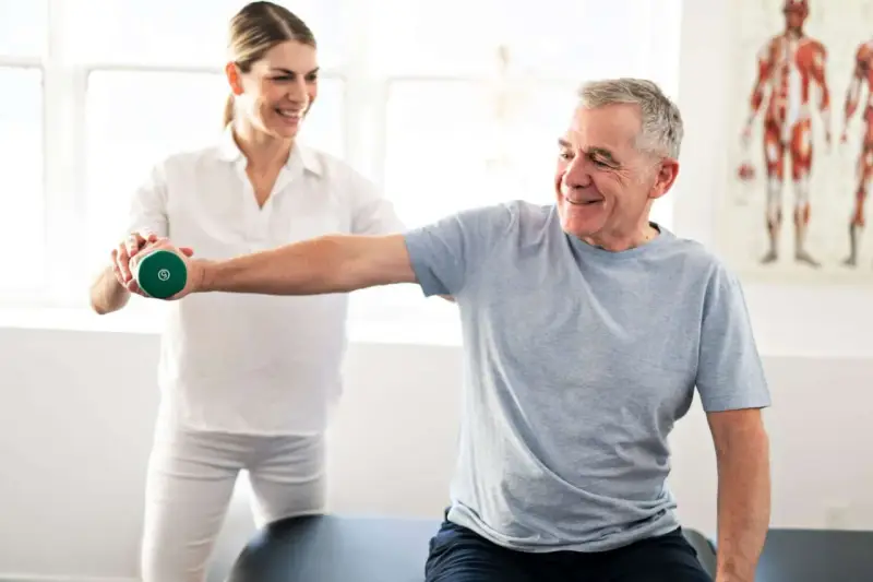 Mann hebt Hantel unter Anleitung einer Therapeutin. Physiotherapie nach Bobath hilft bei der Rehabilitation.