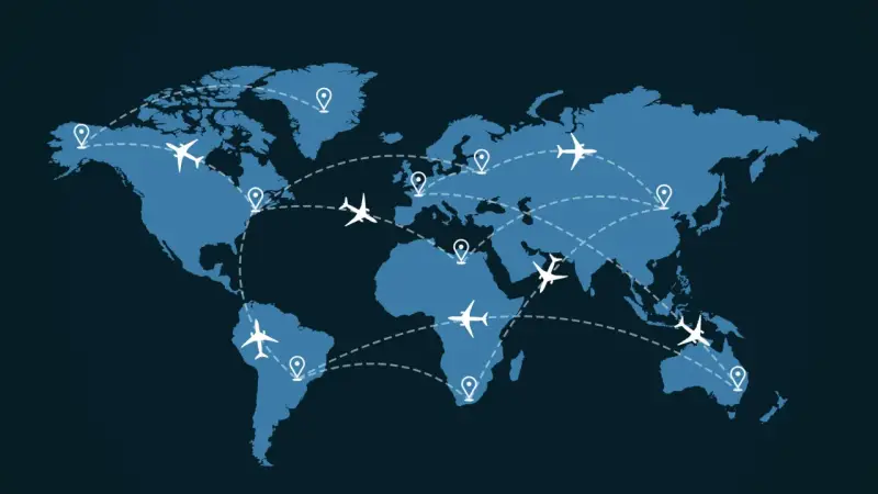 World map with flight paths connecting continents. Discover the best time to book international flights to Europe for your next adventure.