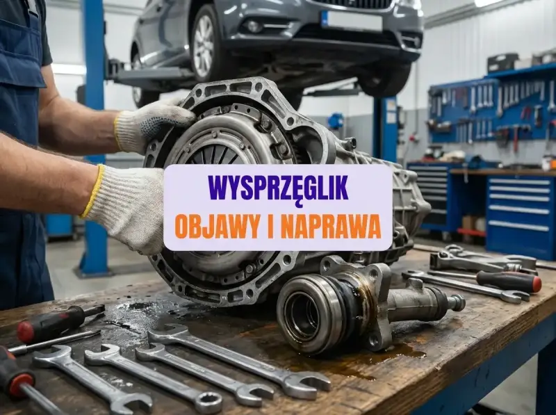 Mechanik trzyma skrzynię biegów, na stole leżą klucze. Widoczny wysprzęglik centralny, objawy i naprawa.