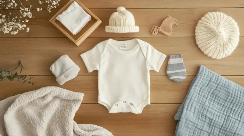 Ensemble de vêtements pour bébé : body, bonnets, chaussettes et couverture. Prêt pour le laver linge bébé.
