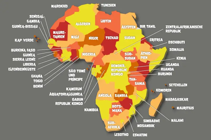 Bunte Karte von Afrika mit vielen Ländern wie Marokko, Algerien, Nigeria, Ägypten und Südafrika.