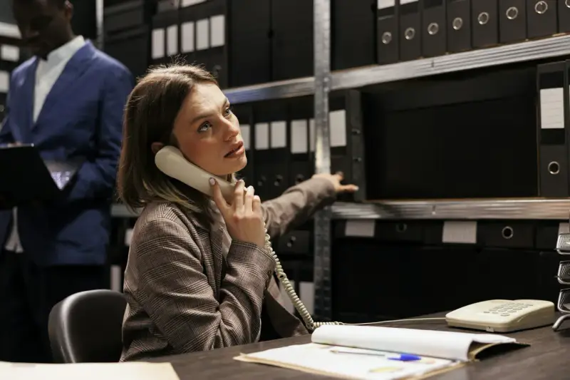 Kobieta, pracująca jako kryminolog, odbiera telefon w archiwum pełnym akt.