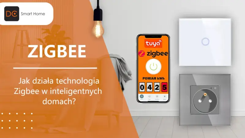 ZIGBEE to technologia dla inteligentnych domów. Na ekranie telefonu widać aplikację Tuya z pomiarem kWh, obok włącznik światła i gniazdko.