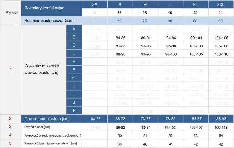 Tabela rozmiarów odzieży, w tym rozmiary konfekcyjne, biustonosza (miseczki A-K) i obwody. Idealna dla osób szukających idealnego dopasowania 65f.