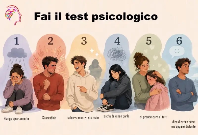 Illustrazione che mostra diverse reazioni emotive, da piangere a scherzare, utili per un test sulla depressione.