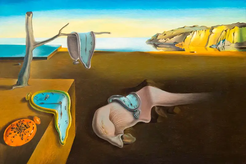 Smältande klockor i ett surrealistiskt landskap, ett klassiskt verk av Salvador Dalí konst.