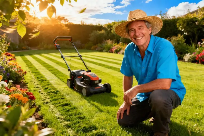 Un homme souriant, chapeau de paille, prêt à tondre la pelouse. Le soleil brille sur le jardin, les fleurs sont éclatantes. C'est le moment idéal pour savoir quand tondre la pelouse.