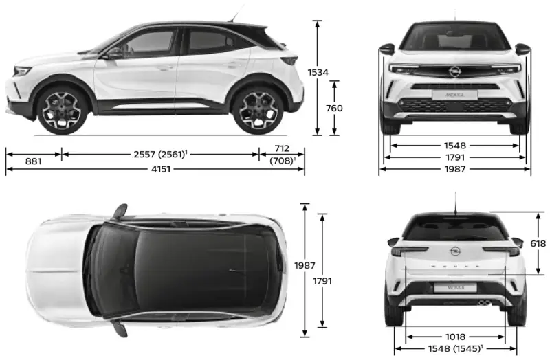 Opel Mokka wymiary: długość 4151 mm, szerokość 1791 mm, wysokość 1534 mm. Kompaktowy SUV z wyraźnymi proporcjami.