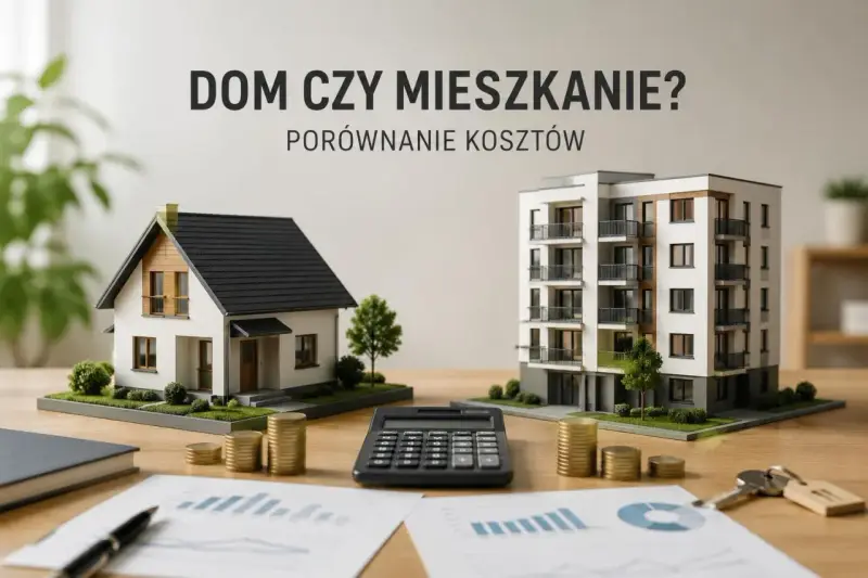 Porównanie kosztów: dom czy mieszkanie? Na stole modele domów, pieniądze, kalkulator i dokumenty.