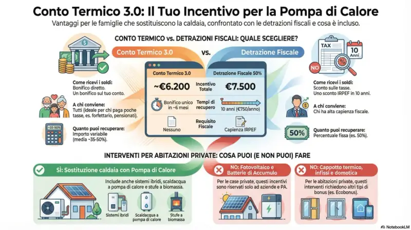 Confronto tra Conto Termico 3.0 e detrazioni fiscali per la sostituzione della caldaia. Il Conto Termico offre un bonifico diretto, ideale per chi paga poche tasse, mentre le detrazioni fiscali prevedono uno sconto IRPEF.
