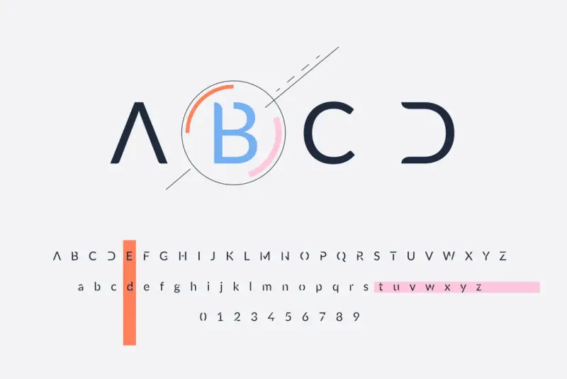 Nowe litery i cyfry w nowoczesnej typografii. Alfabet od A do Z, wielkie i małe litery, oraz cyfry.