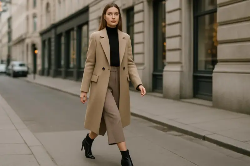Elegancka kobieta w beżowym płaszczu i brązowych spodniach, z czarnym golfem, idzie ulicą. Czy buty w szpic są modne? Tak, te czarne botki z pewnością dodają stylu.