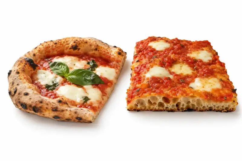 Dwie kromki pizzy: jedna okrągła z bazylią, druga prostokątna. Prawdziwy smak najlepszej pizzy w Rzymie.
