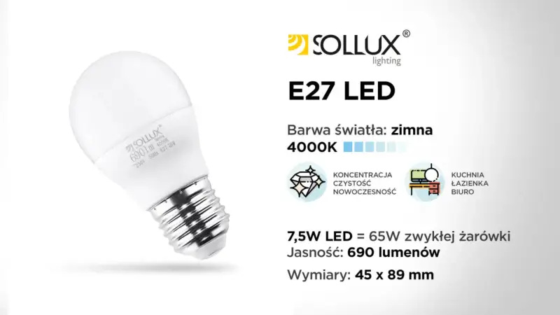 Żarówka LED E27 Sollux 7,5W, 690lm, 4000K. To nowoczesne oświetlenie, które zastąpi żarówkę halogenową 65W.