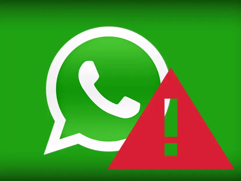 WhatsApp-Logo mit rotem Ausrufezeichen auf grünem Hintergrund.