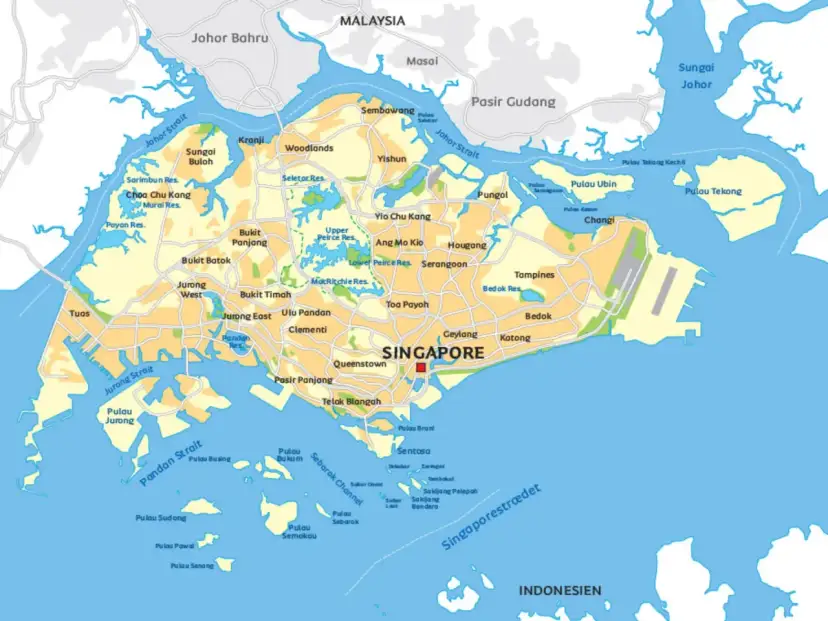 Mapa Singapuru z zaznaczonym miastem, okolicznymi wyspami, Malezją i Indonezją.
